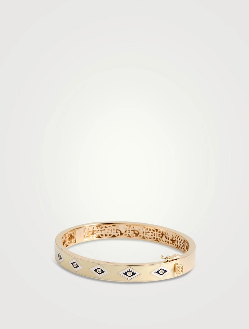 14K Gold Groovy Eye Enamel Hinged Bangle With Diamonds