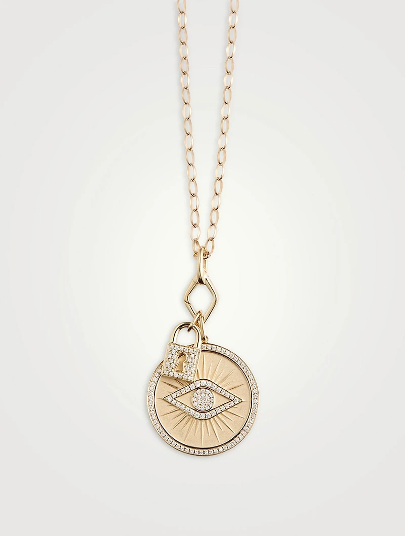 14K Gold Evil Eye Lock Pendant Necklace With Diamonds