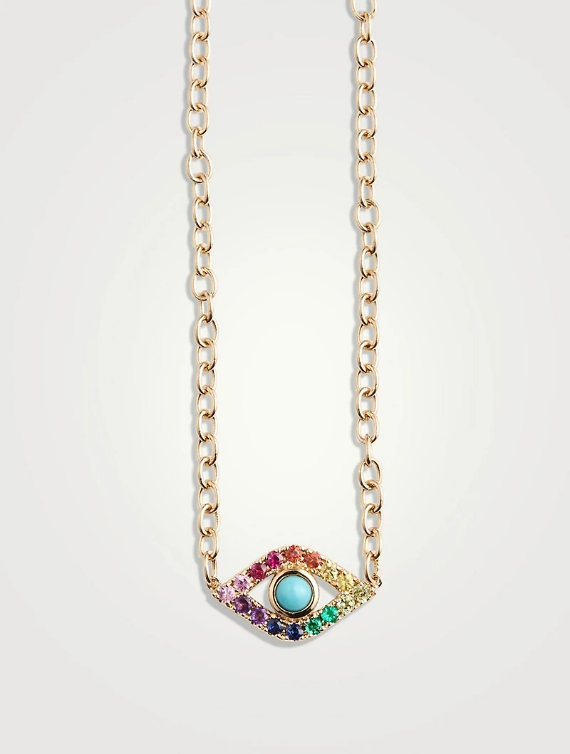 Large 14K Gold Rainbow Evil Eye Necklace With Turquoise