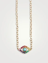 Large 14K Gold Rainbow Evil Eye Necklace With Turquoise