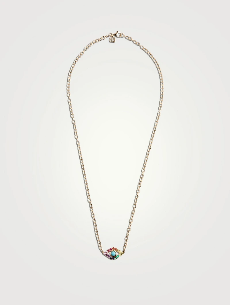 Large 14K Gold Rainbow Evil Eye Necklace With Turquoise