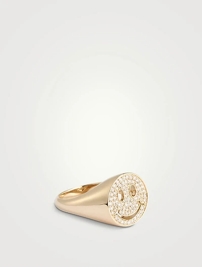 14K Gold Happy Face Signet Ring With Diamonds