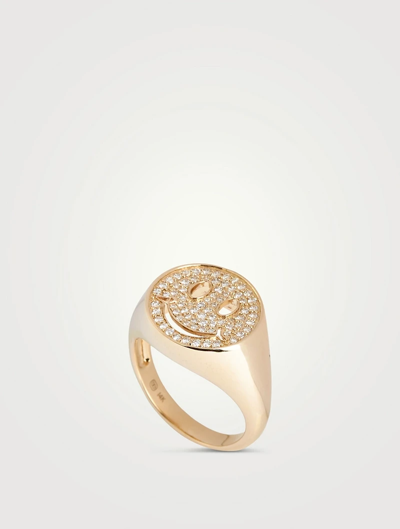 14K Gold Happy Face Signet Ring With Diamonds