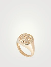 14K Gold Happy Face Signet Ring With Diamonds