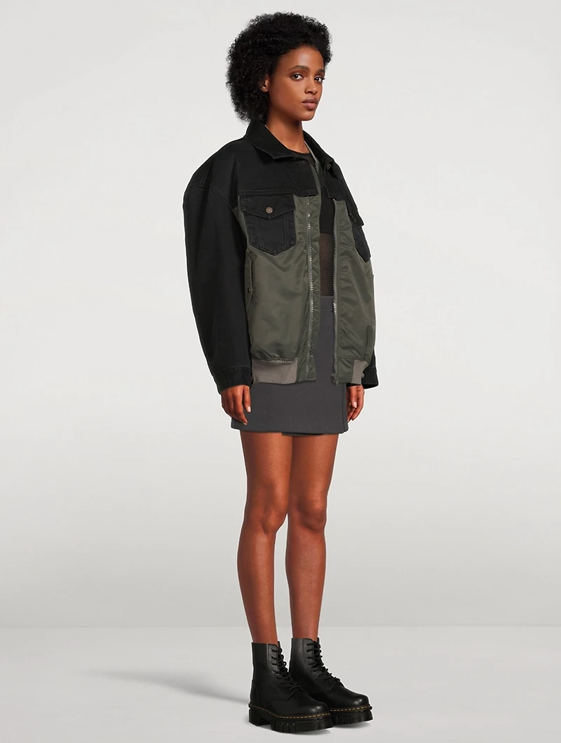 Hybrid Nylon And Denim Bomber Jacket