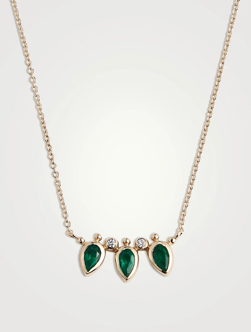 Mini Bezel Bouquet Fan 14K Gold Necklace With Emeralds And Diamonds