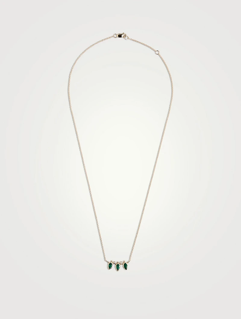 Mini Bezel Bouquet Fan 14K Gold Necklace With Emeralds And Diamonds