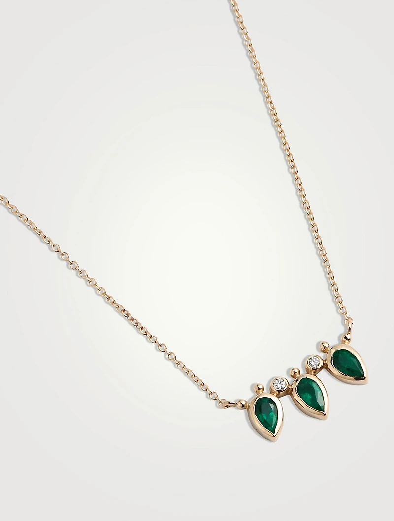 Mini Bezel Bouquet Fan 14K Gold Necklace With Emeralds And Diamonds