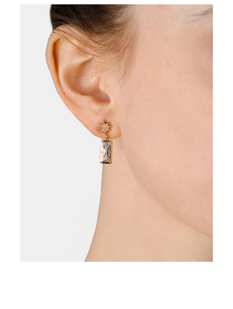 Aztec 14K Gold North Star Baguette Earrings With Blue Topaz And White Sapphire