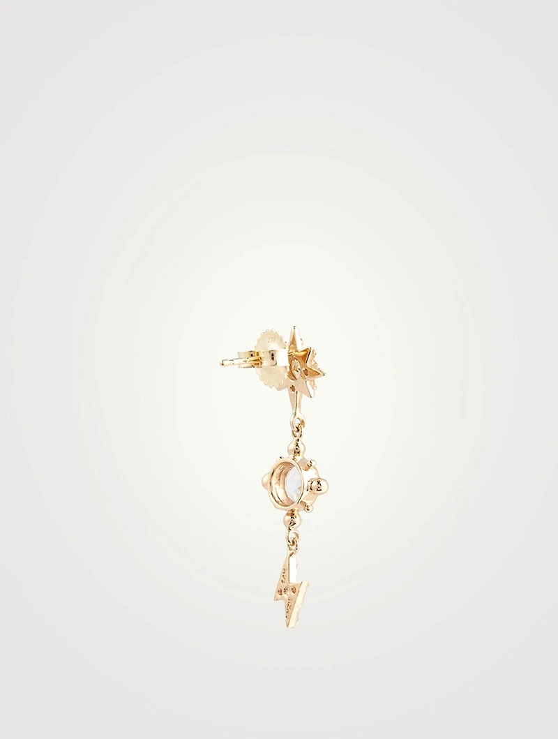 Aztec Luna 14K Gold Single Charm Earring With Clear Topaz And Diamonds