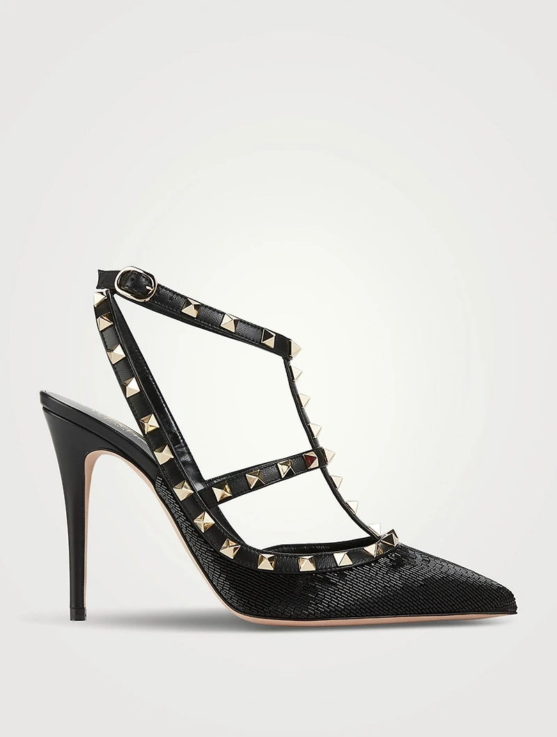 Rockstud Embellished Satin Ankle-Strap Pumps