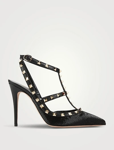 Rockstud Embellished Satin Ankle-Strap Pumps