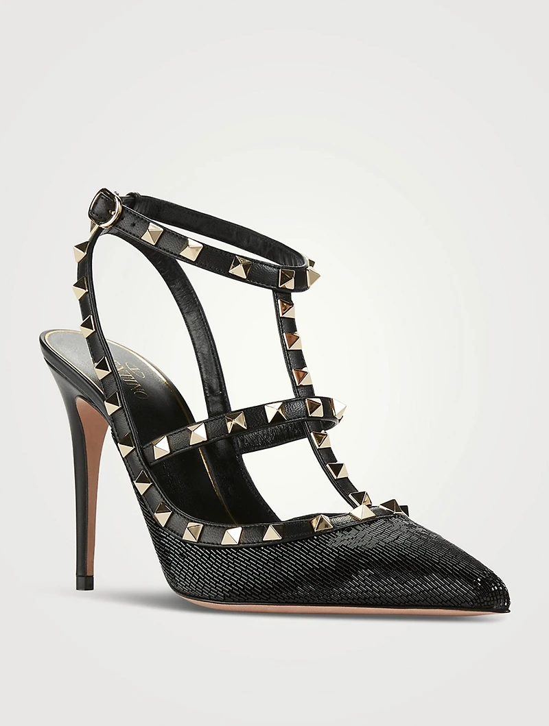 Rockstud Embellished Satin Ankle-Strap Pumps