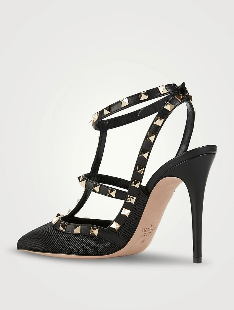 Rockstud Embellished Satin Ankle-Strap Pumps