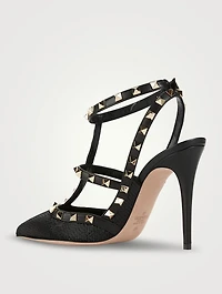 Rockstud Embellished Satin Ankle-Strap Pumps