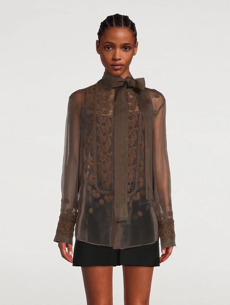 Embroidered Organza Blouse With Scarf