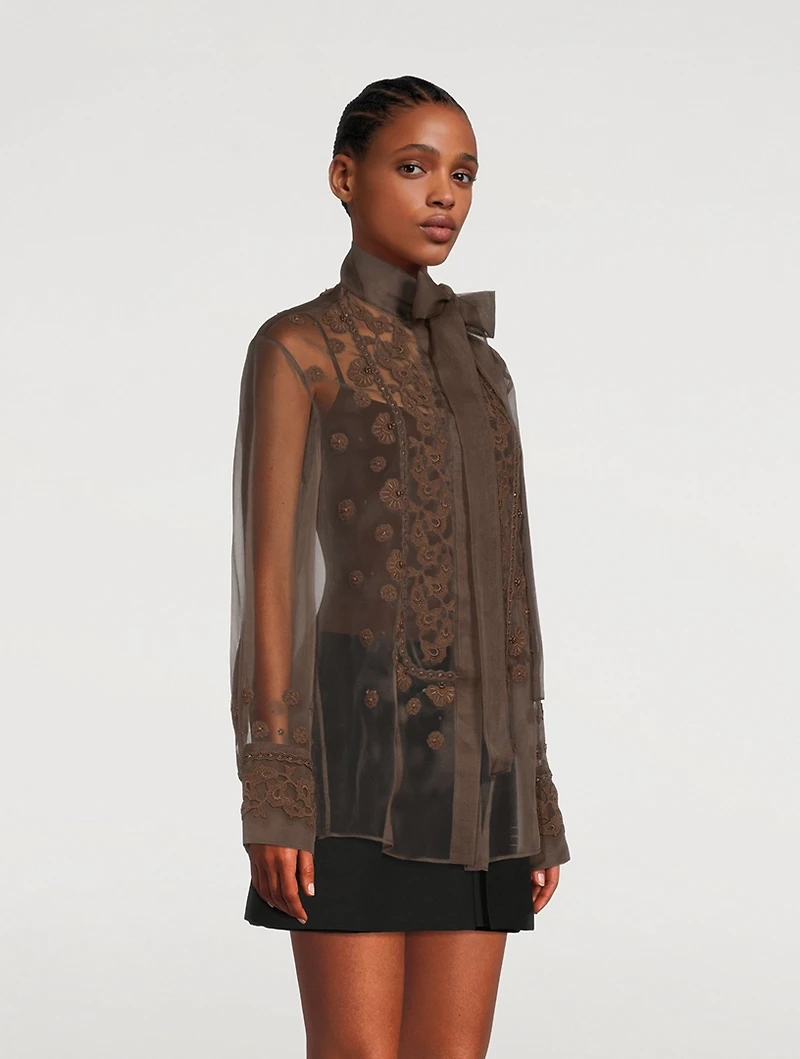 Embroidered Organza Blouse With Scarf