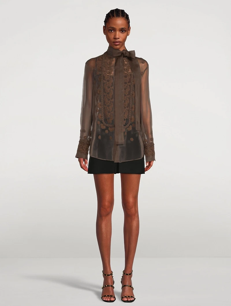 Embroidered Organza Blouse With Scarf