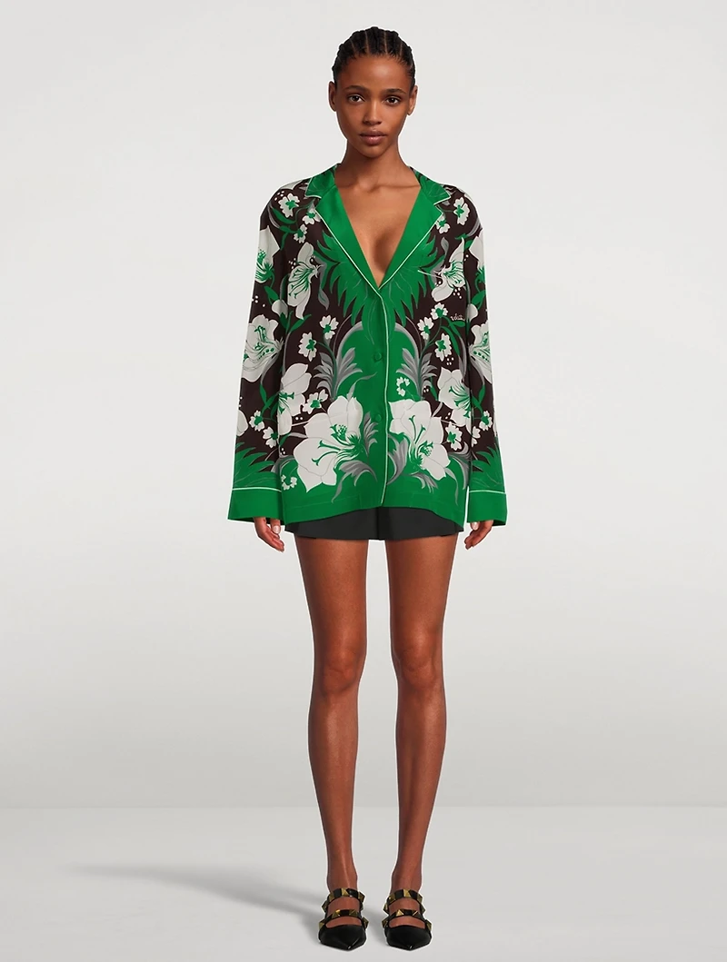 Crepe De Chine Pajama Shirt Street Flowers Tulipop Print