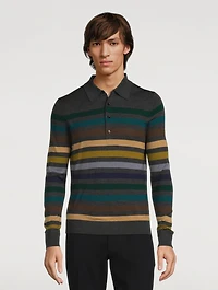 Wool Long-Sleeve Polo Shirt Striped Print