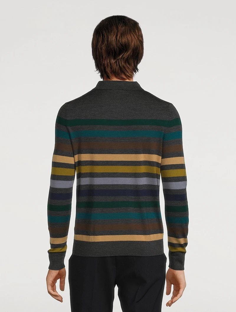 Wool Long-Sleeve Polo Shirt Striped Print