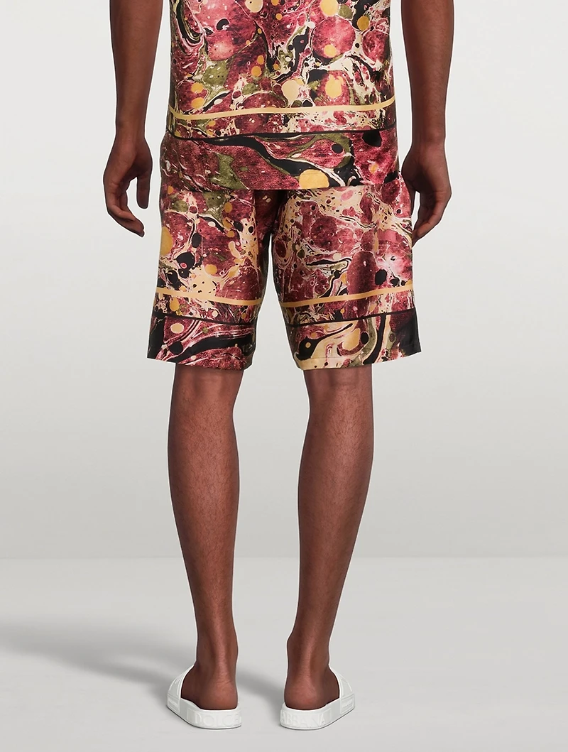 Silk Jogger Shorts Marbled Print