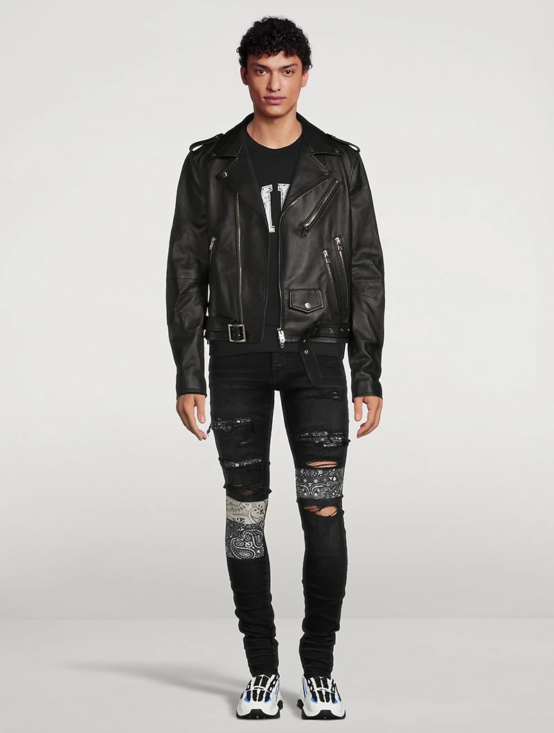 Leather Biker Jacket With Paint Drip Logo