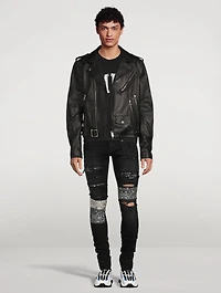 Leather Biker Jacket With Paint Drip Logo
