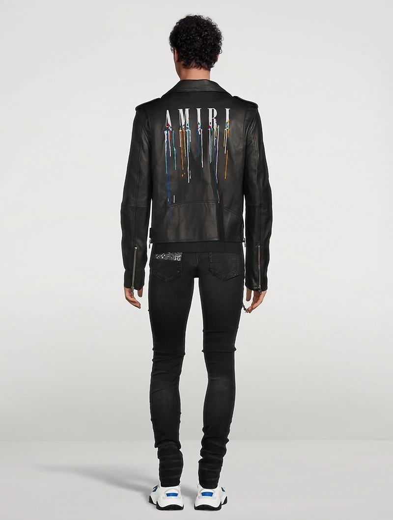 Leather Biker Jacket With Paint Drip Logo
