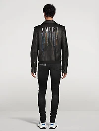 Leather Biker Jacket With Paint Drip Logo