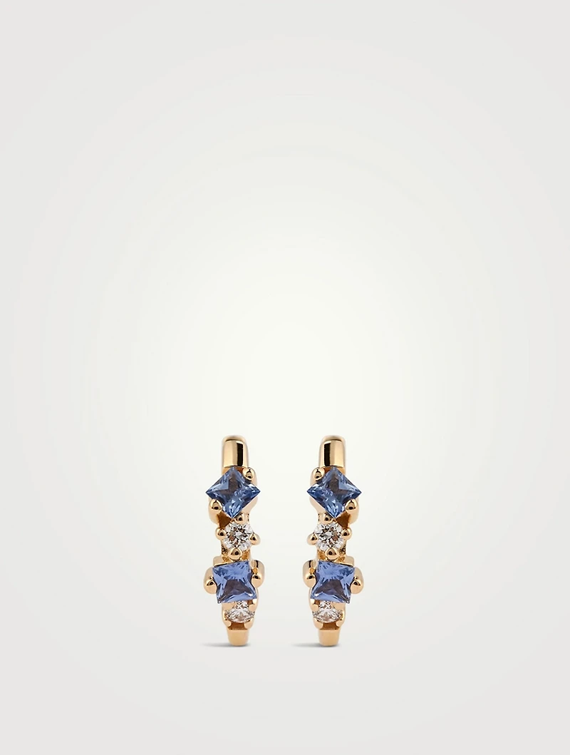 18K Gold Huggie Earrings With Sapphire And Diamonds