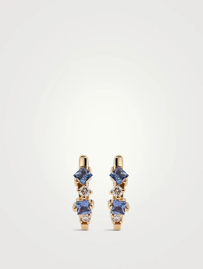 18K Gold Huggie Earrings With Sapphire And Diamonds