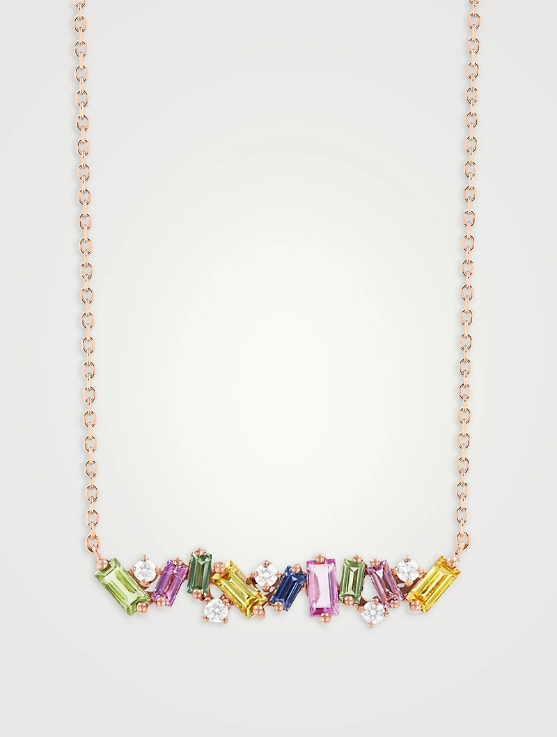 Fireworks 18K Rose Gold Bar Necklace With Pastel Rainbow Sapphires And Diamonds