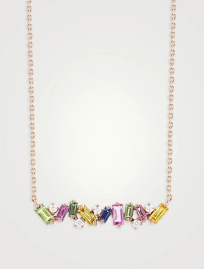 Fireworks 18K Rose Gold Bar Necklace With Pastel Rainbow Sapphires And Diamonds