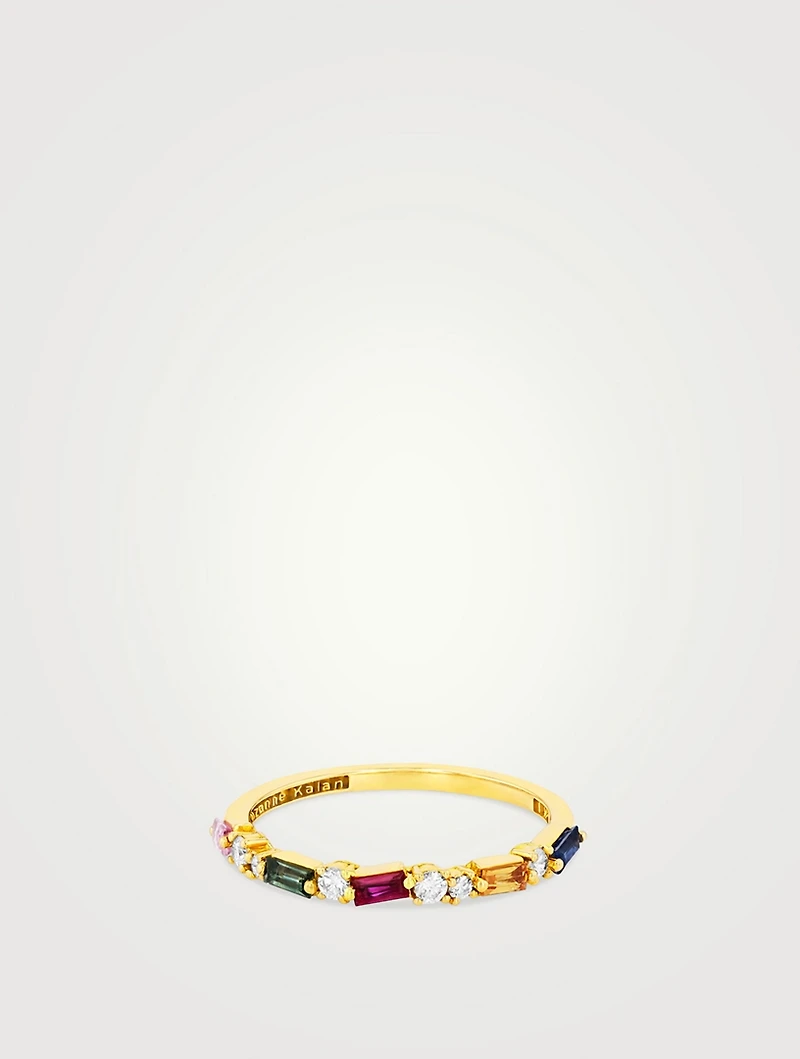 18K Gold Halfway Band With Rainbow Sapphire And Diamonds
