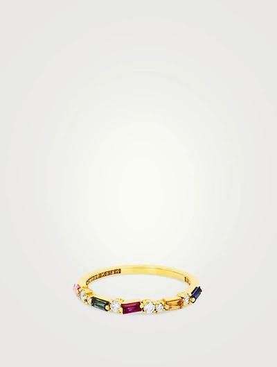 18K Gold Halfway Band With Rainbow Sapphire And Diamonds