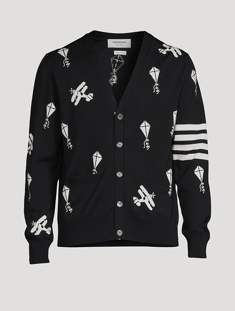 Navy Fine Merino Wool Half Drop Sky Icons 4-bar Relaxed Fit Cardigan