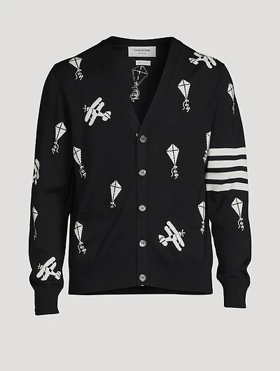 Navy Fine Merino Wool Half Drop Sky Icons 4-bar Relaxed Fit Cardigan