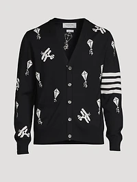 Navy Fine Merino Wool Half Drop Sky Icons 4-bar Relaxed Fit Cardigan