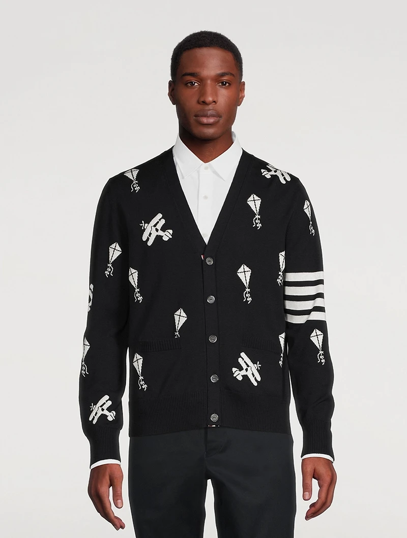 Navy Fine Merino Wool Half Drop Sky Icons 4-bar Relaxed Fit Cardigan