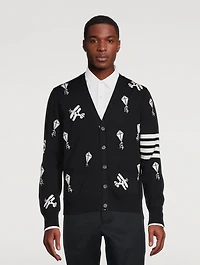 Navy Fine Merino Wool Half Drop Sky Icons 4-bar Relaxed Fit Cardigan