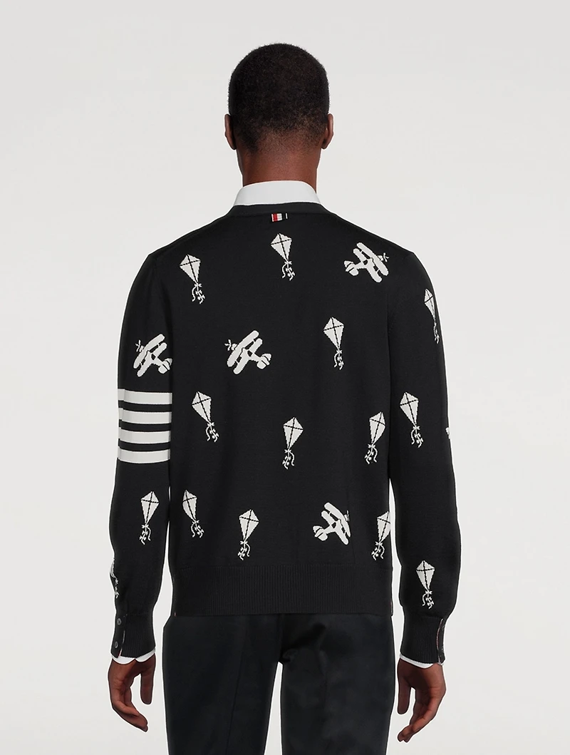 Navy Fine Merino Wool Half Drop Sky Icons 4-bar Relaxed Fit Cardigan