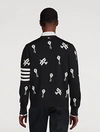 Navy Fine Merino Wool Half Drop Sky Icons 4-bar Relaxed Fit Cardigan