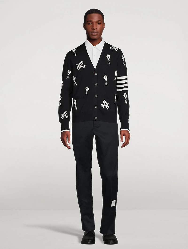 Navy Fine Merino Wool Half Drop Sky Icons 4-bar Relaxed Fit Cardigan