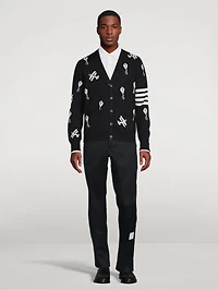 Navy Fine Merino Wool Half Drop Sky Icons 4-bar Relaxed Fit Cardigan