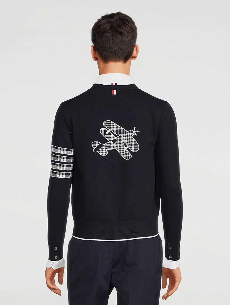 Four-Bar V-Neck Cardigan With Plane