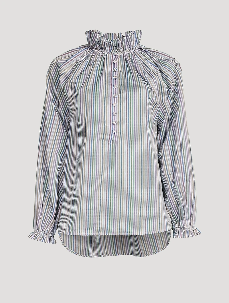 Aurelia Cotton Silk Dobby Ruffle Collar Shirt Striped Print