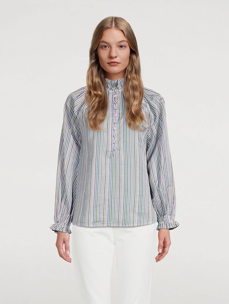 Aurelia Cotton Silk Dobby Ruffle Collar Shirt Striped Print