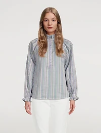Aurelia Cotton Silk Dobby Ruffle Collar Shirt Striped Print