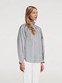 Aurelia Cotton Silk Dobby Ruffle Collar Shirt Striped Print